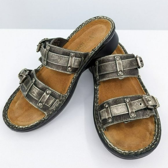 Naot Karaoke Wedge Sandal 37 6 Metallic Bronze Gold Strappy Side Buckle Open Toe - Picture 11 of 13